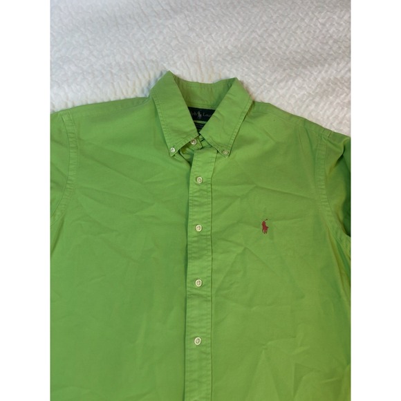 Polo Ralph Lauren Mens L Long Sleeve Button Up Green Pink Pony Custom Fit - Picture 1 of 7